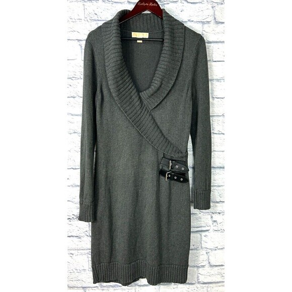 Michael Kors Women Sz L Gray Faux Wrap Sweater Dress Buckle Cowl Neck Ribbed T4 - Picture 2 of 12